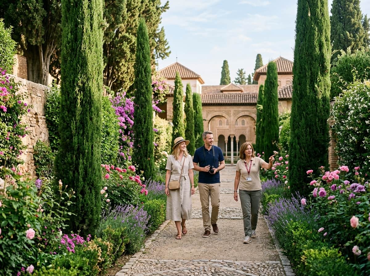 Couple enjoying a private guided walk through the Generalife Gardens