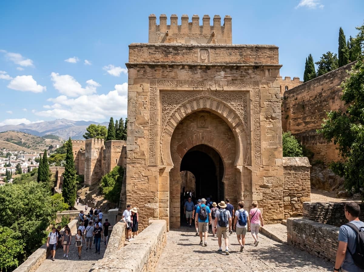 Entrance gate of the Alhambra fortress with visitors entering