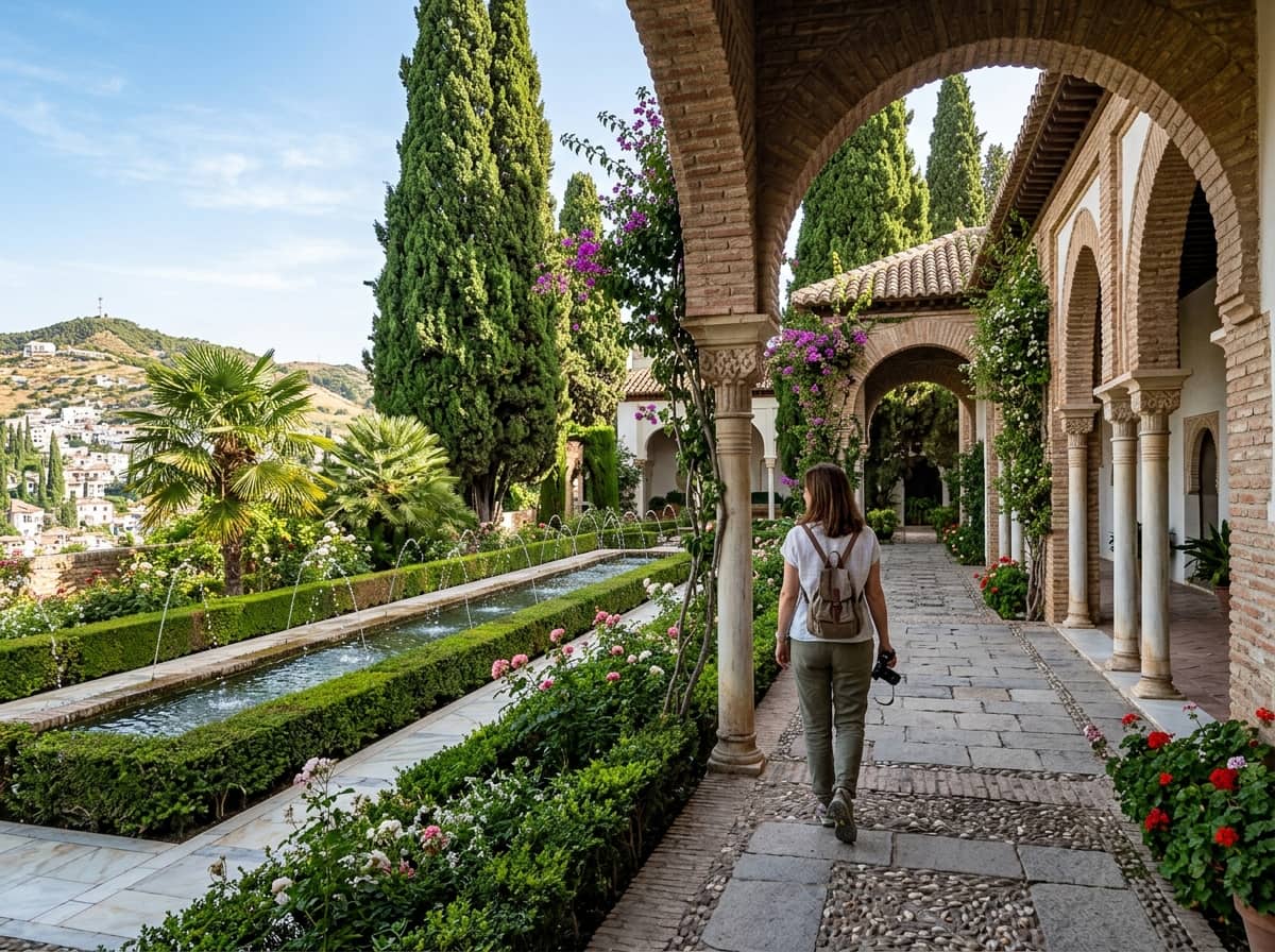 Visitor walking along the lush arched walkways of the Generalife at Alhambra Granada