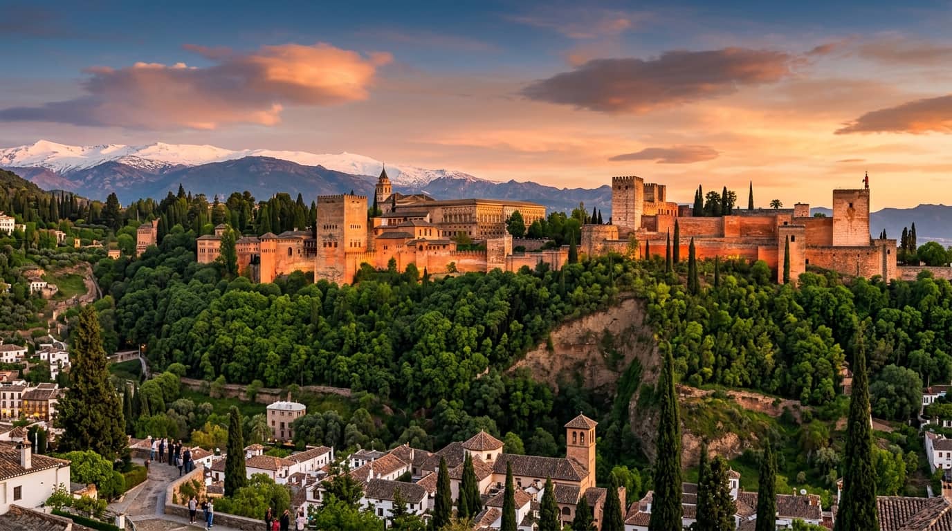 Panoramic sunset view of the Alhambra Palace in Granada Spain