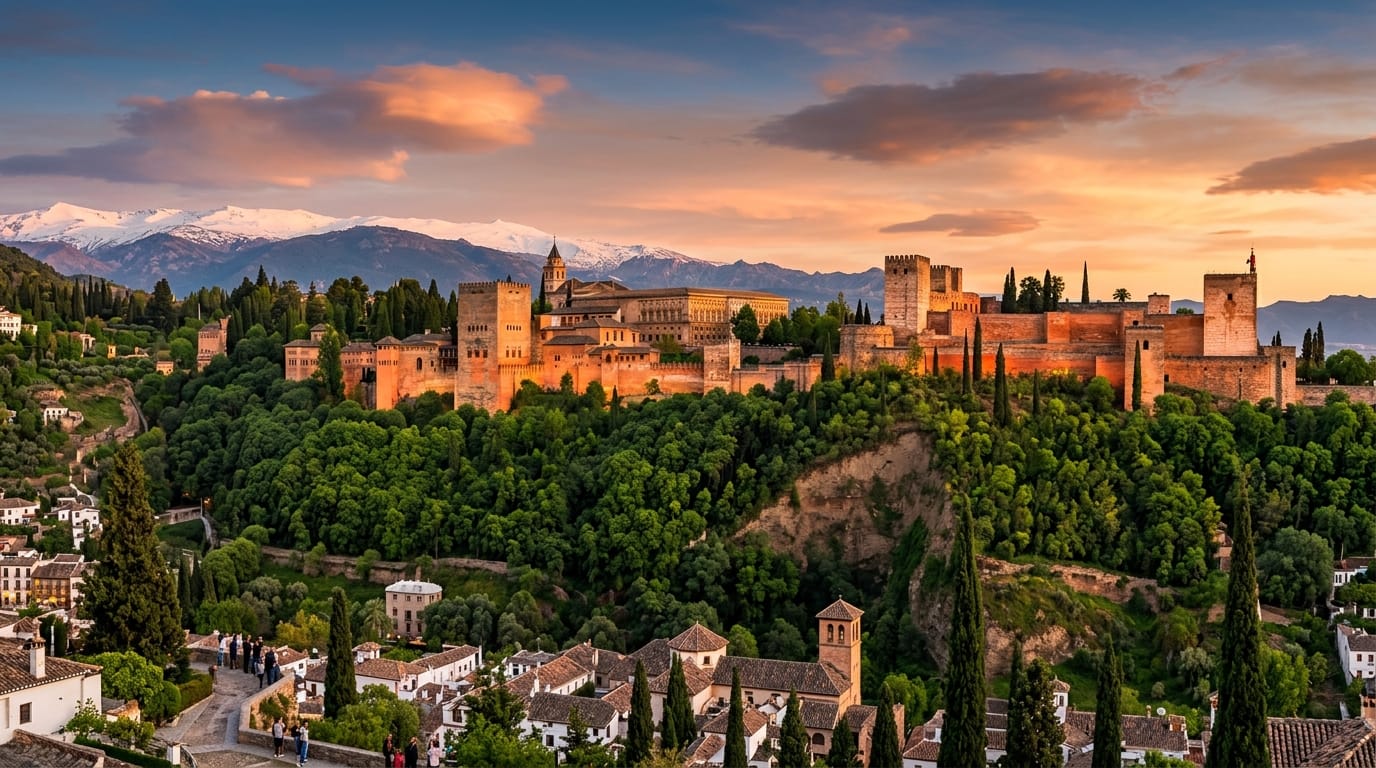 Panoramic sunset view of the Alhambra Palace in Granada Spain