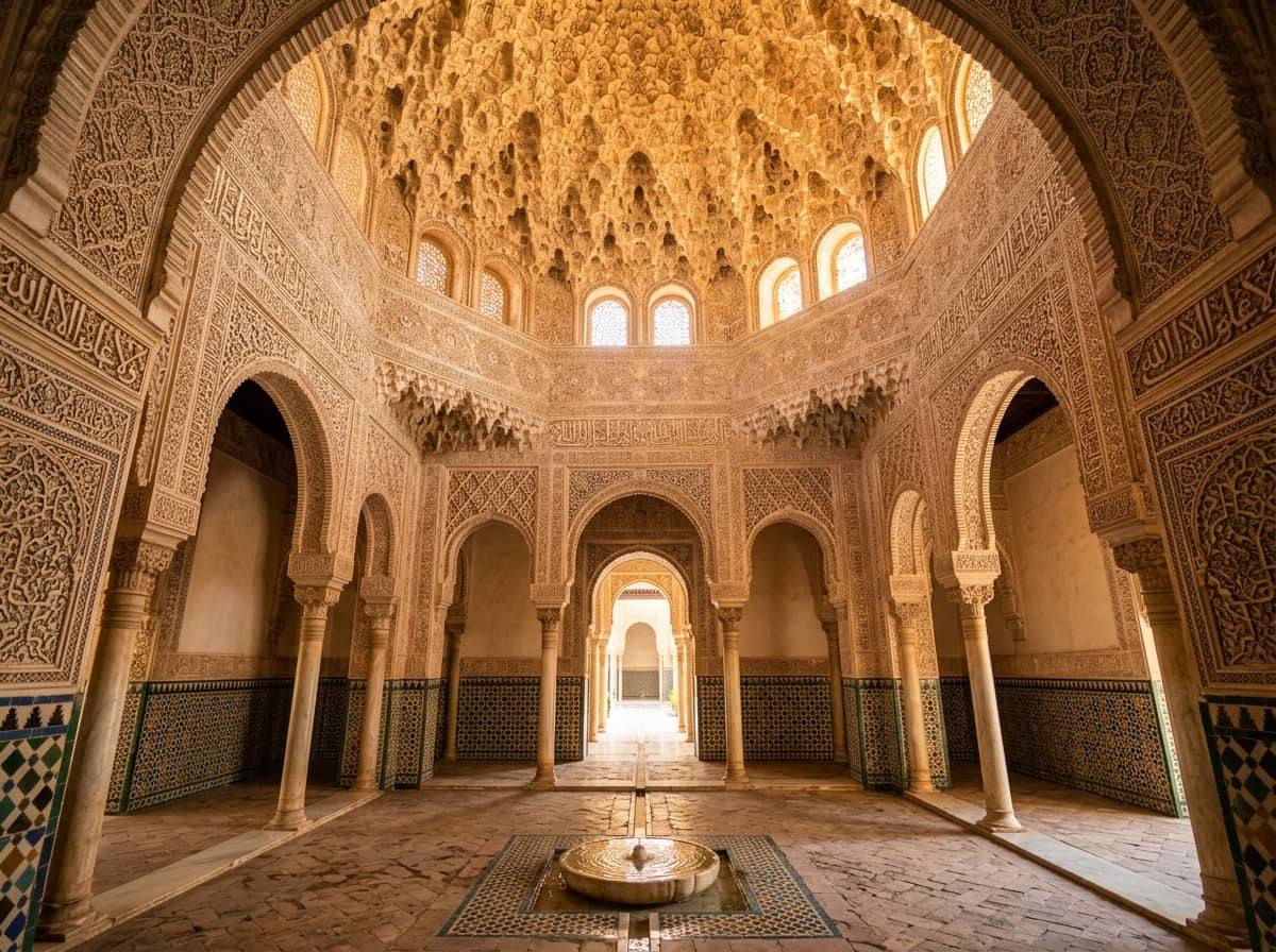 Carved Moorish arches and plasterwork inside the Nasrid Palaces at the Alhambra