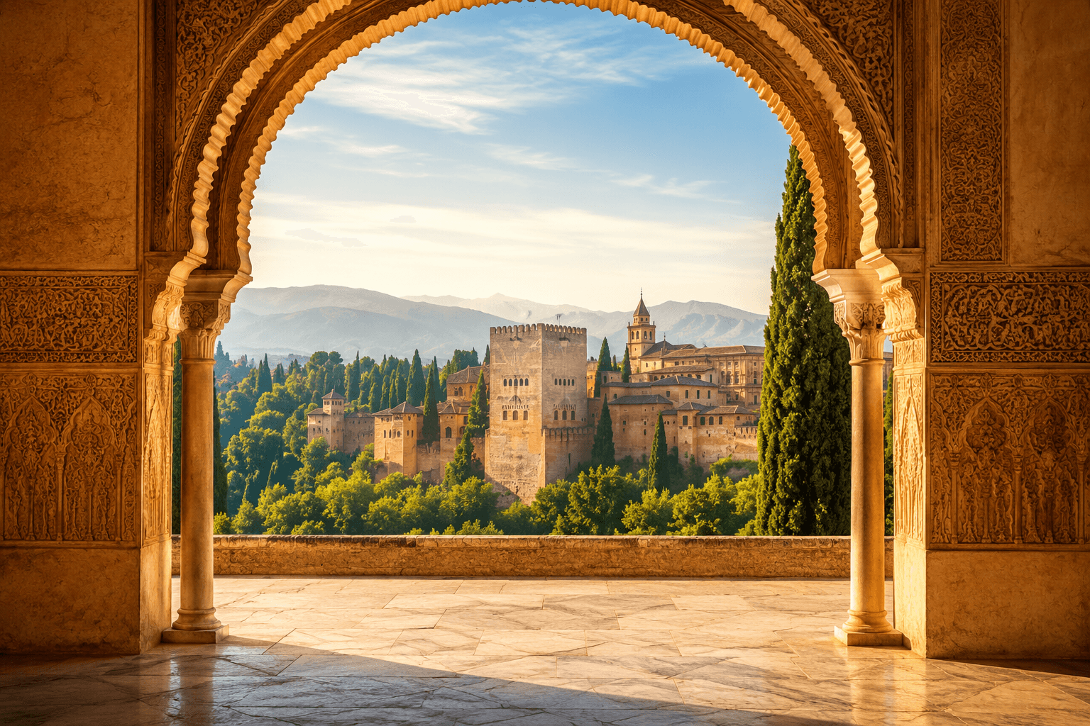 View of the Alhambra in Granada through an ornate Moorish arch with the historic palace complex and Sierra Nevada mountains in the background.