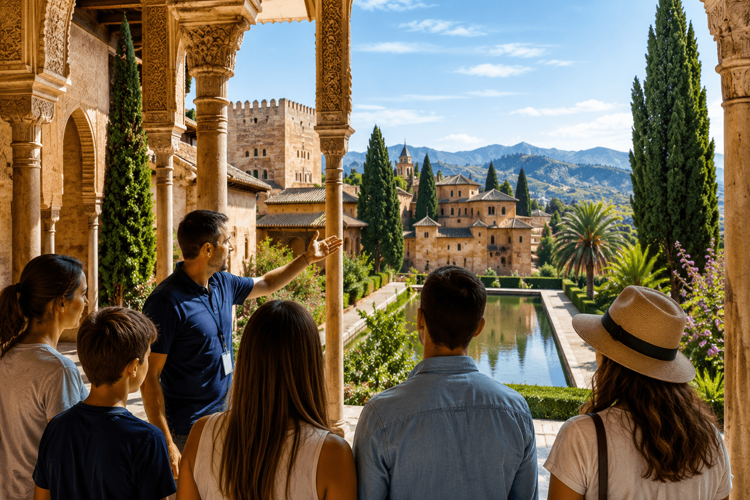 Visitors on a guided Alhambra tour overlooking the historic palaces and gardens in Granada, Spain.